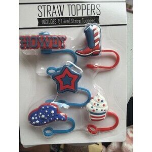 Americana 5pc Patriotic Straw Toppers Howdy Cowboy Boot Hat Star Cupcake New